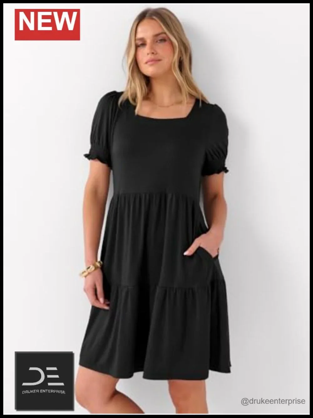 Square Neck Puff Sleeve Mini Dress with Pockets Tiered A-Line Summer Casual